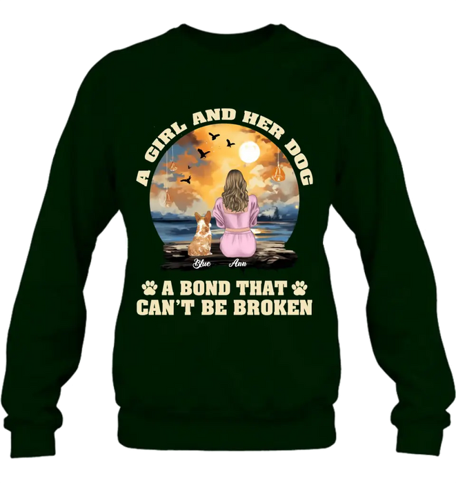 Custom Personalized Dog Mom Shirt/Hoodie - Gift Idea for Dog Lover - Upto 4 Dogs -  A Girl And Her Dog A Bond That Can't Be Broken