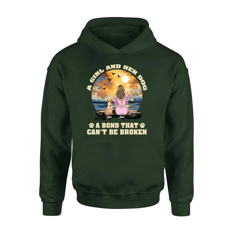 Personalized Dog Mom Shirt/Hoodie - Gift Idea for Dog Lover - Up to 4 Dogs -  A Girl And Her Dog A Bond That Can't Be Broken