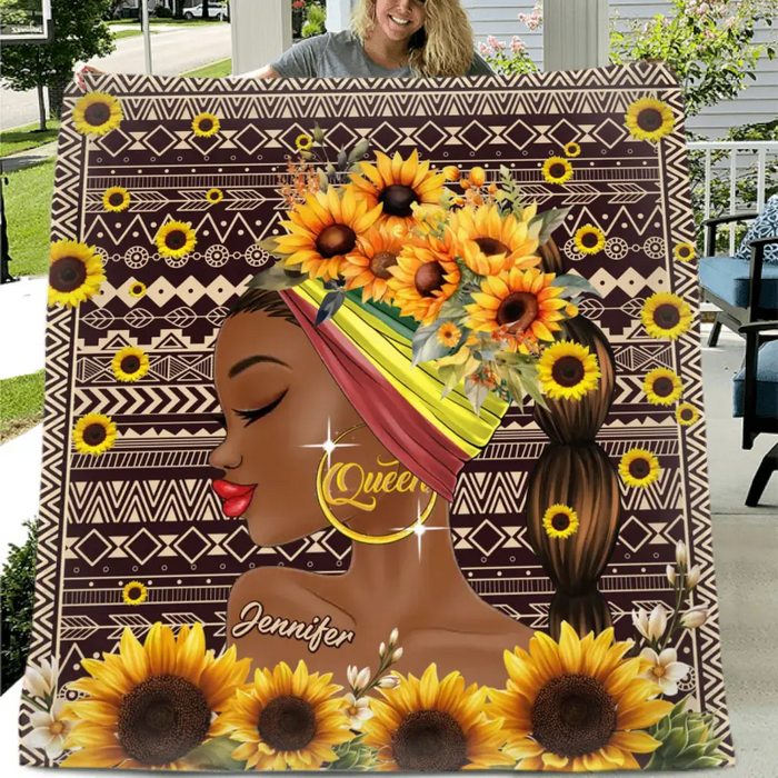 Custom Personalized Sunflower Girl Singer Layer Fleece/Quilt Blanket- Gift Idea for Black Girl/Black Woman/Afro Black Girl