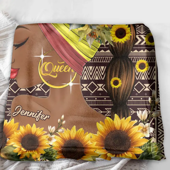 Custom Personalized Sunflower Girl Singer Layer Fleece/Quilt Blanket- Gift Idea for Black Girl/Black Woman/Afro Black Girl