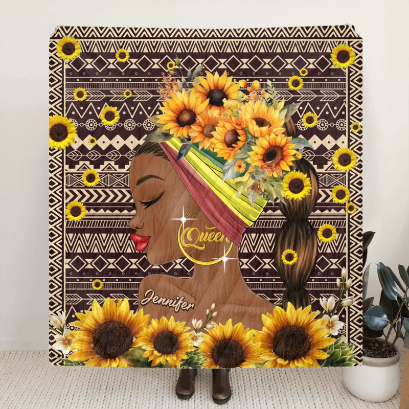 Personalized Sunflower Girl Fleece Throw Blanket/Quilt - Gift Idea for Black Girl/Black Woman/Afro Black Girl