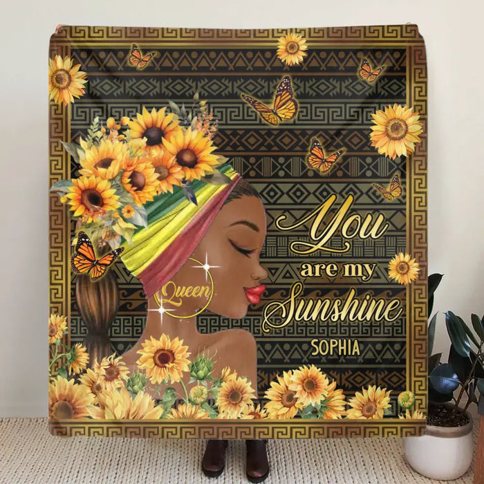 Custom Personalized Sunflower Girl Singer Layer Fleece/Quilt Blanket- Gift Idea for Black Girl/Black Woman/Afro Black Girl - You Are My Sunshine