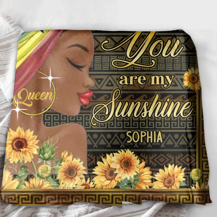 Custom Personalized Sunflower Girl Singer Layer Fleece/Quilt Blanket- Gift Idea for Black Girl/Black Woman/Afro Black Girl - You Are My Sunshine