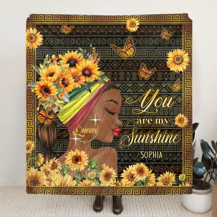 Custom Personalized Sunflower Girl Singer Layer Fleece/Quilt Blanket- Gift Idea for Black Girl/Black Woman/Afro Black Girl - You Are My Sunshine