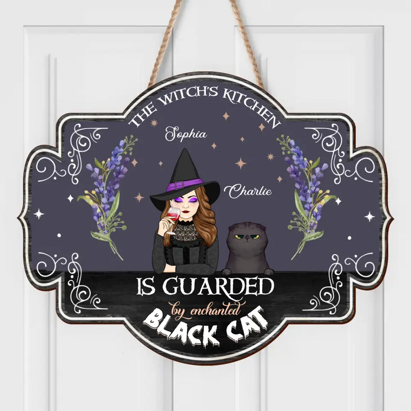 Personalized Witch Wooden Sign - Halloween Gift Idea for Cat Lovers - The Witch's Kitchen Is Guarded By Enchanted Black Cat