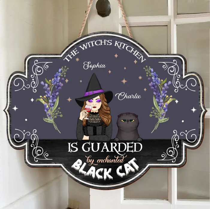 Custom Personalized Witch Wooden Sign - Halloween Gift Idea for Cat Lovers - The Witch's Kitchen Is Guarded By Enchanted Black Cat