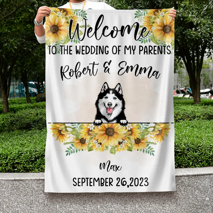 Custom Personalized Dog Wedding Flag Sign - Upto 5 Dogs - Wedding Gift Idea For Couple/ Dog Lover - Welcome To The Wedding Of Our Parents