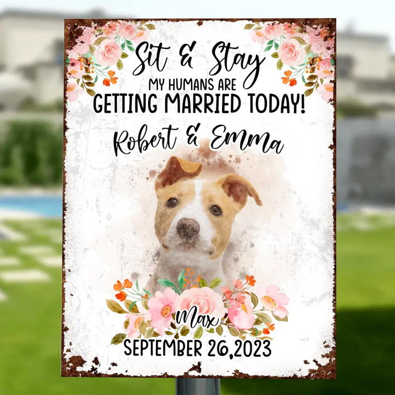 Personalized Dog Wedding Metal Sign - Upload Photo - Wedding Gift Idea For Couple/Dog Lover -  Sit & Stay My Humans Are Getting Married Today