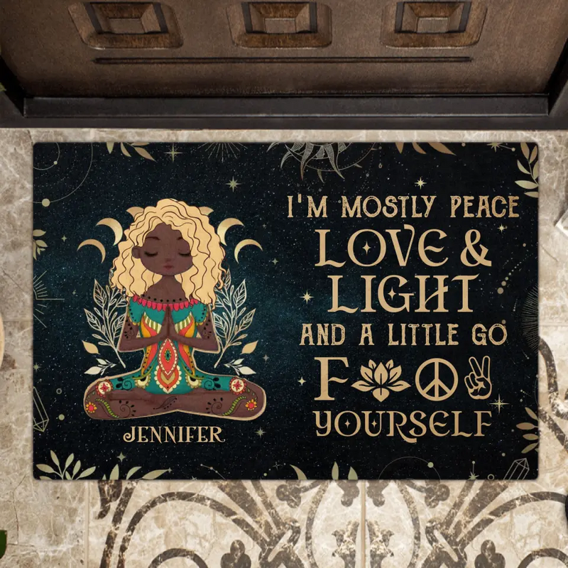 Personalized Yoga Doormat - Halloween Gift Idea for Yoga Lovers - I'm Mostly Peace Love And Light