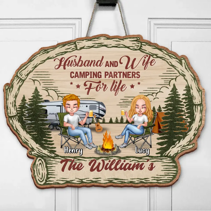 Custom Personalized Camping Chibi Wooden Sign - Gift Idea For Couple/Friends/ Camping Lover - Husband And Wife Camping Partners For Life