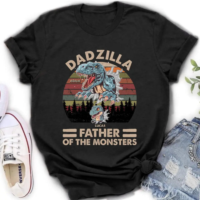 Custom Personalized Father Dinosaur Shirt/Hoodie - Gift Idea For Dad/ Father - Upto 5 Kids - Dadzilla Father Of The Monsters