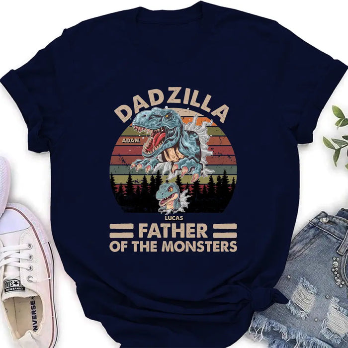 Custom Personalized Father Dinosaur Shirt/Hoodie - Gift Idea For Dad/ Father - Upto 5 Kids - Dadzilla Father Of The Monsters