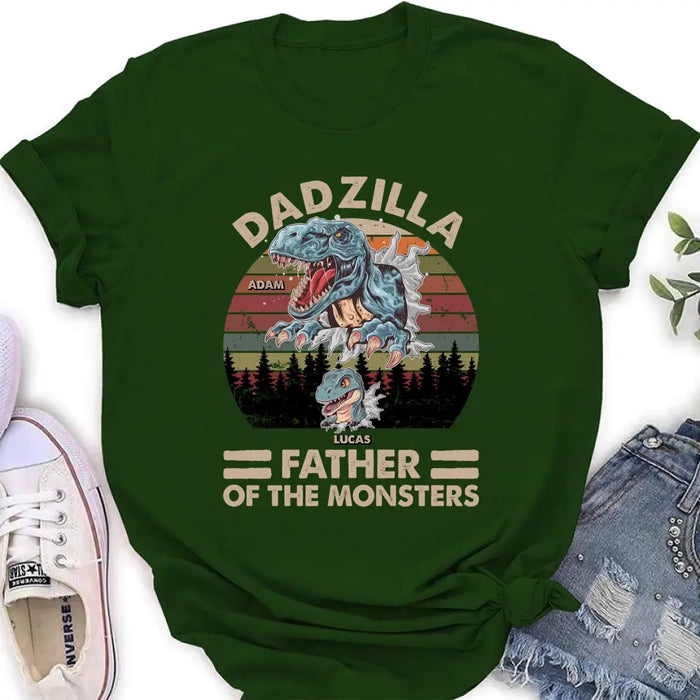 Custom Personalized Father Dinosaur Shirt/Hoodie - Gift Idea For Dad/ Father - Upto 5 Kids - Dadzilla Father Of The Monsters