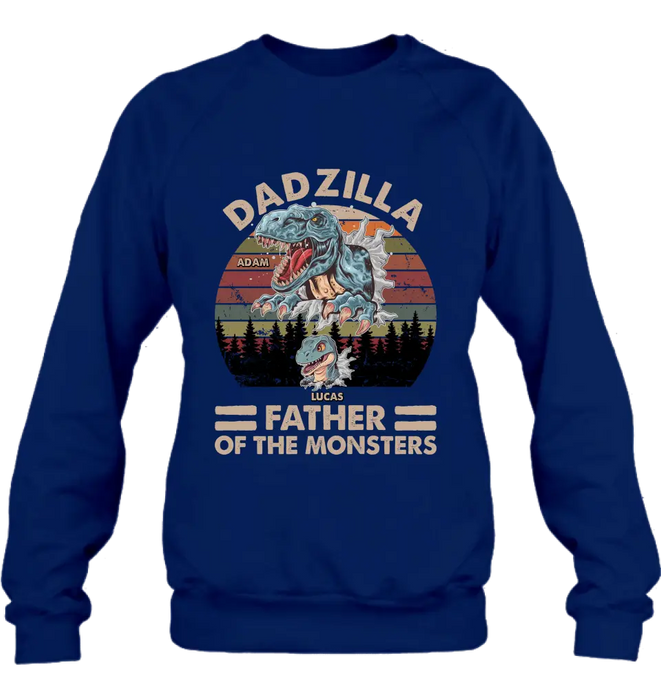 Custom Personalized Father Dinosaur Shirt/Hoodie - Gift Idea For Dad/ Father - Upto 5 Kids - Dadzilla Father Of The Monsters