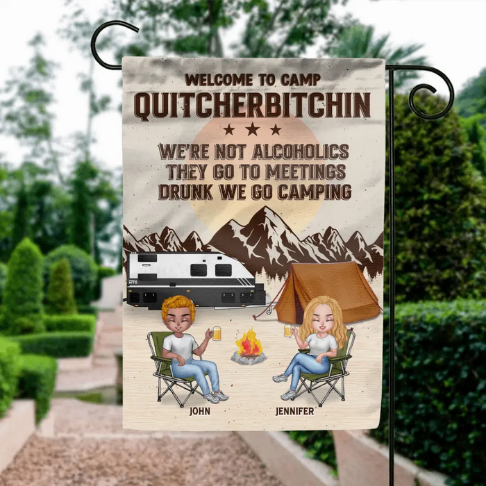 Custom Personalized Camping Flag - Upto 4 People - Gift Idea for Camping Lovers/ Couple/ Friends - Welcome To Camp Quitcherbitchin