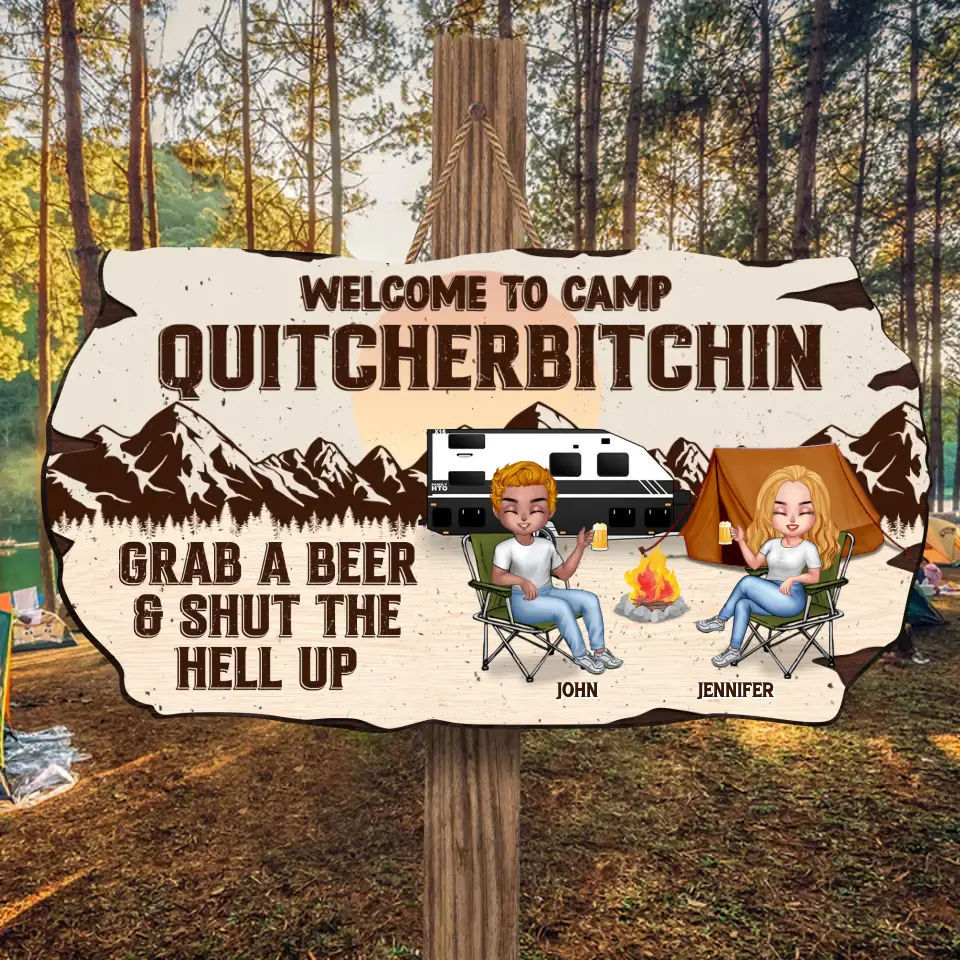 Personalized Camping Wooden Sign - Couple With Up to 4 Pets - Gift Idea For Camping Lovers/Couple/Pets Lover - Let's Sit By The Campsite And Watch People Park Their Campers main image 1