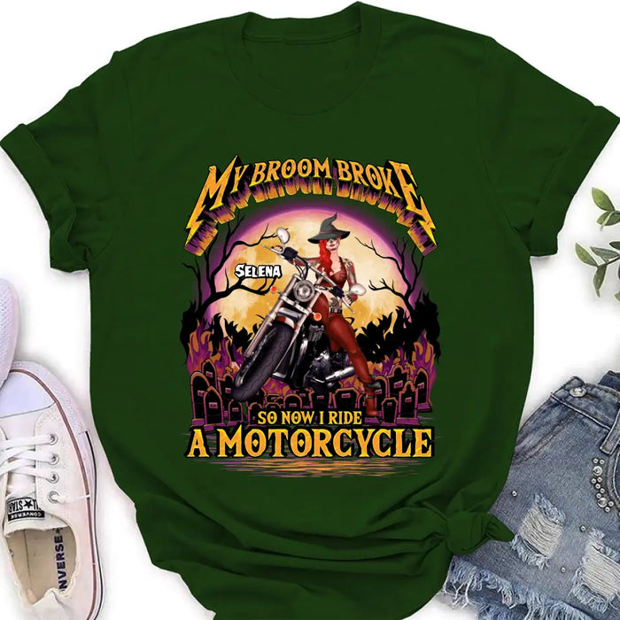 Custom Personalized Witch Biker Shirt/Hoodie - Upto 4 Dogs/Cats - Halloween Gift Idea For Bikers - My Broom Broke So Now I Ride A Motorcycle