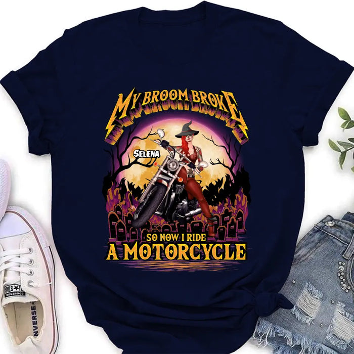 Custom Personalized Witch Biker Shirt/Hoodie - Upto 4 Dogs/Cats - Halloween Gift Idea For Bikers - My Broom Broke So Now I Ride A Motorcycle