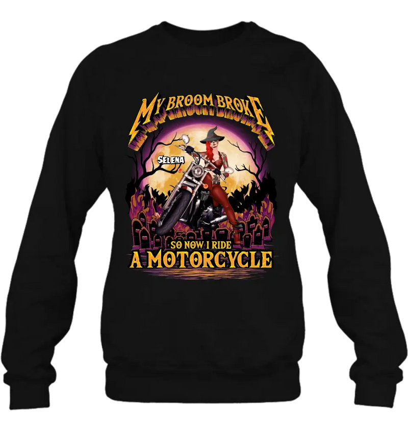 Personalized Witch Biker Shirt/Hoodie - Up to 4 Dogs/Cats - Halloween Gift Idea For Bikers - My Broom Broke So Now I Ride A Motorcycle