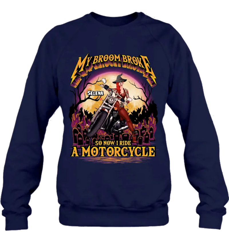 Personalized Witch Biker Shirt/Hoodie - Up to 4 Dogs/Cats - Halloween Gift Idea For Bikers - My Broom Broke So Now I Ride A Motorcycle