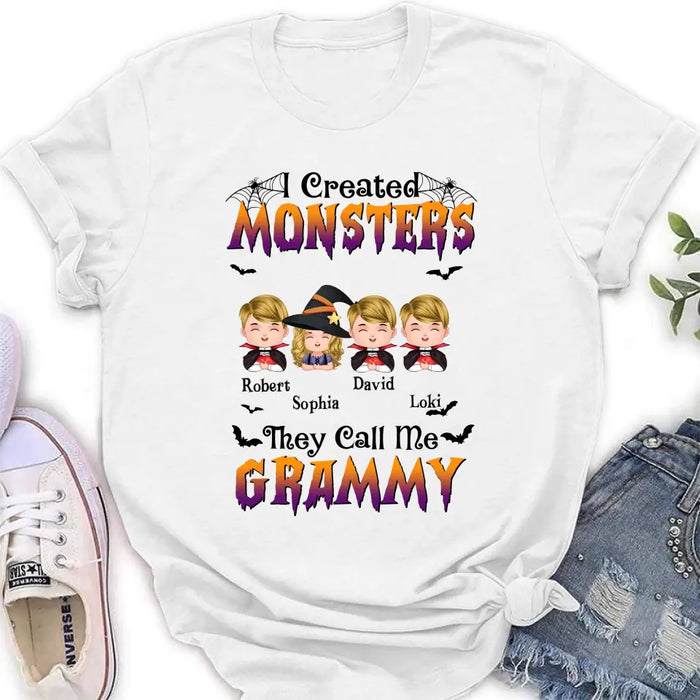 Personalized Grandma Shirt/Hoodie - Halloween Gift Idea for Witch Lovers - Upto 4 Kids - I Created Monsters They Call Me Grammy