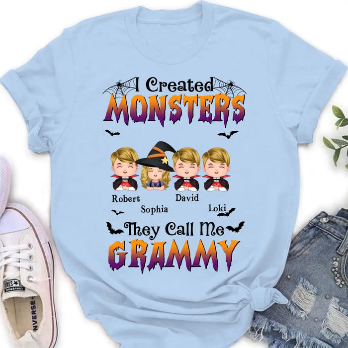 Personalized Grandma Shirt/Hoodie - Halloween Gift Idea for Witch Lovers - Upto 4 Kids - I Created Monsters They Call Me Grammy