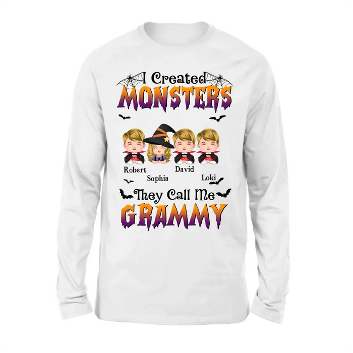 Personalized Grandma Shirt/Hoodie - Halloween Gift Idea for Witch Lovers - Upto 4 Kids - I Created Monsters They Call Me Grammy