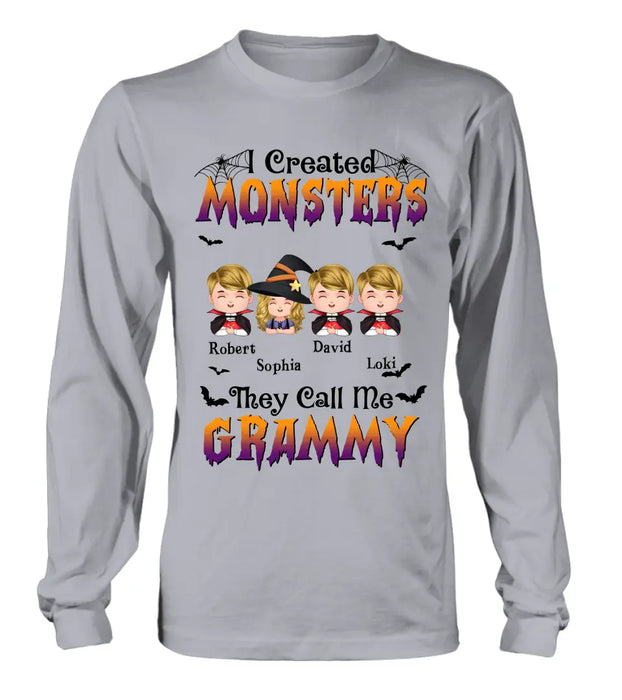 Personalized Grandma Shirt/Hoodie - Halloween Gift Idea for Witch Lovers - Upto 4 Kids - I Created Monsters They Call Me Grammy