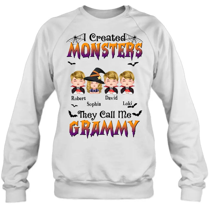 Personalized Grandma Shirt/Hoodie - Halloween Gift Idea for Witch Lovers - Upto 4 Kids - I Created Monsters They Call Me Grammy