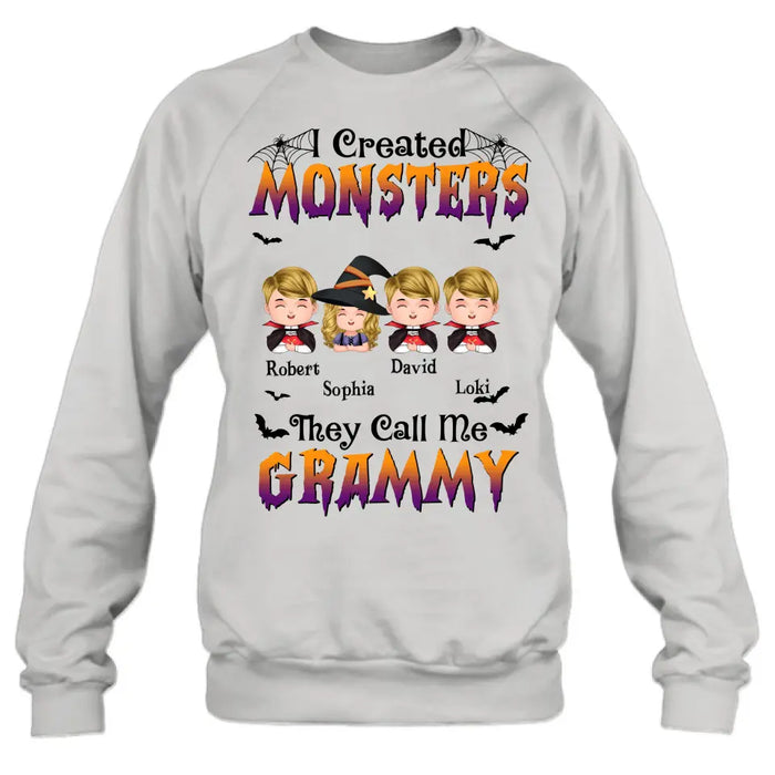 Personalized Grandma Shirt/Hoodie - Halloween Gift Idea for Witch Lovers - Upto 4 Kids - I Created Monsters They Call Me Grammy