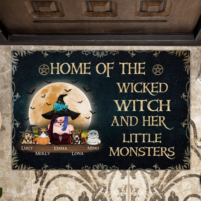 Custom Personalized Witch Doormat - Gift Idea For Halloween/Witch Lovers - Upto 6 Pets - Home Of The Wicked Witch And Her Little Monsters