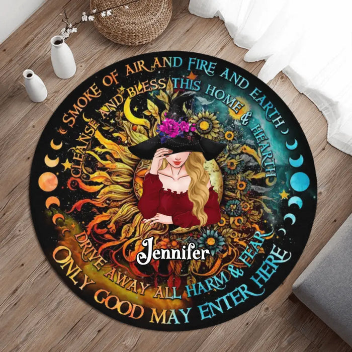 Custom Personalized Witch Round Rug - Gift Idea For Halloween/Witch Lovers - Smoke Of Air And Fire And Earth Cleanse And Bless This Home & Hearth