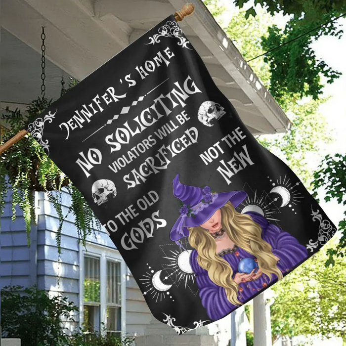 Personalized Witch Flag Sign - Halloween Gift Idea For Witch Lover/Friend/Wiccan Decor/Pagan Decor - No Soliciting Violators Will Be Sacrificed To The Old Gods Not The New