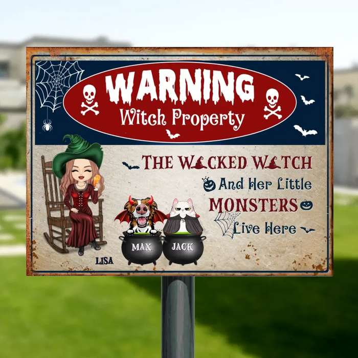 Personalized Witch Metal Sign - Halloween Gift Idea for Pet Lovers - Upto 2 Pets - The Wicked Witch And Her Little Monsters Live Here