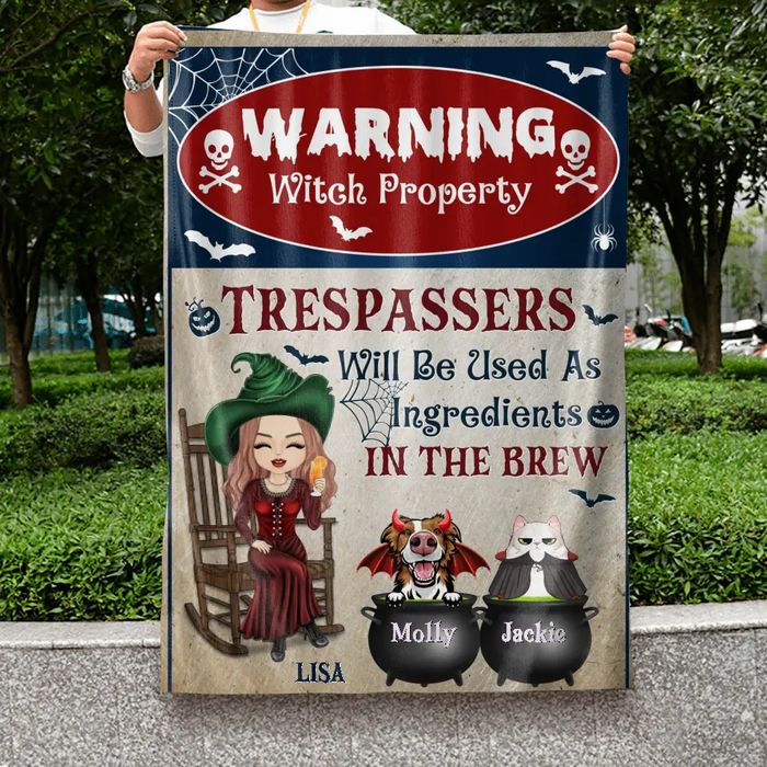 Personalized Witch Flag Sign - Halloween Gift Idea for Pet Lovers - Upto 2 Pets - Trespassers Will Be Used As Ingredients In The Brew