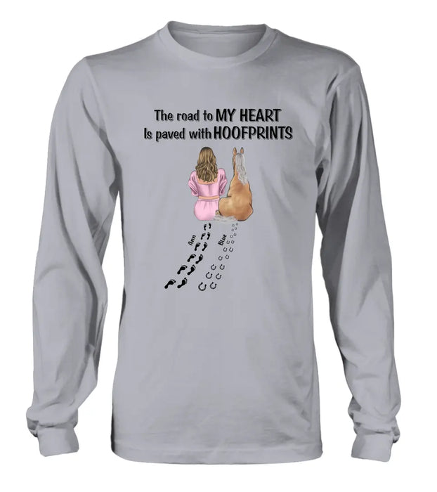 Custom Personalized Horse Mom Shirt/Hoodie - Gift Idea For Horse Lover - Upto 3 Horses - The Road To My Heart Is Paved With Hoofprints