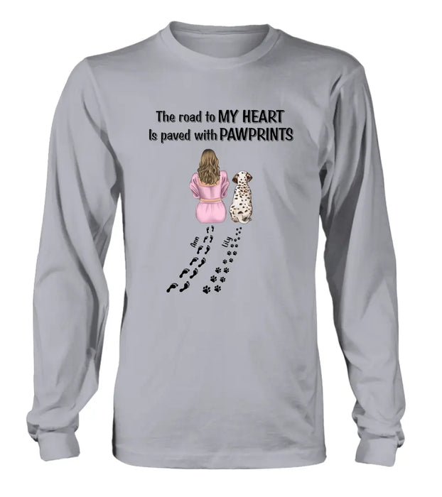 Custom Personalized Pet Mom Shirt/Hoodie - Gift Idea For Dog/Cat Lover - Upto 3 Pets - The Road To My Heart Is Paved With Pawprints