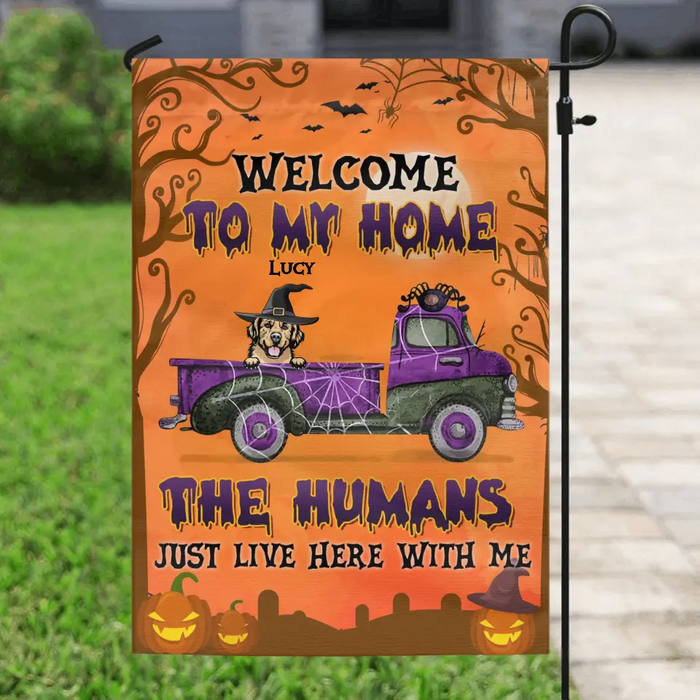 Personalized Halloween Dog Flag Sign - Halloween Gift Idea for Dog Lovers - Upto 6 Dogs - Welcome To My Home The Humans Just Live Here With Me