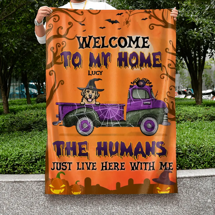 Personalized Halloween Dog Flag Sign - Halloween Gift Idea for Dog Lovers - Upto 6 Dogs - Welcome To My Home The Humans Just Live Here With Me