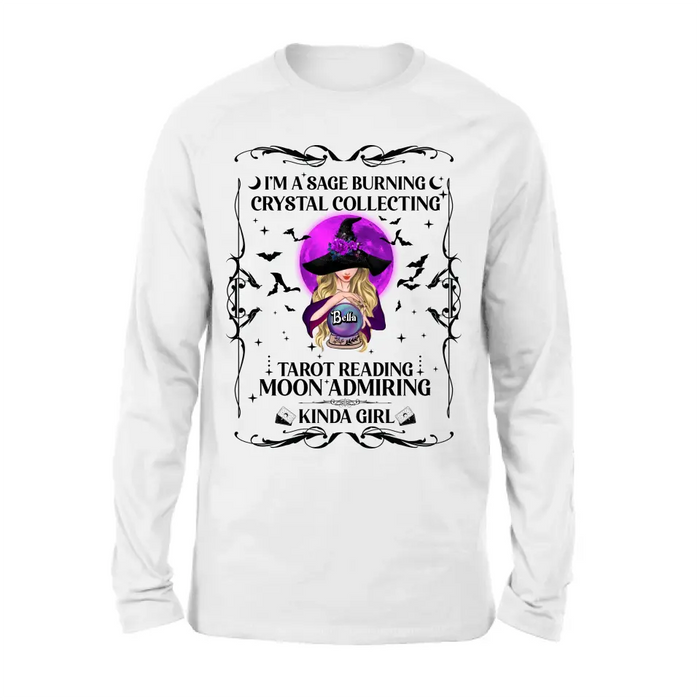 Custom Personalized Witch Shirt/Hoodie - Halloween Gift Idea for Witch Lovers - I'm A Sage Burning Crystal Collecting Tarot Reading Moon Admiring Kinda Girl