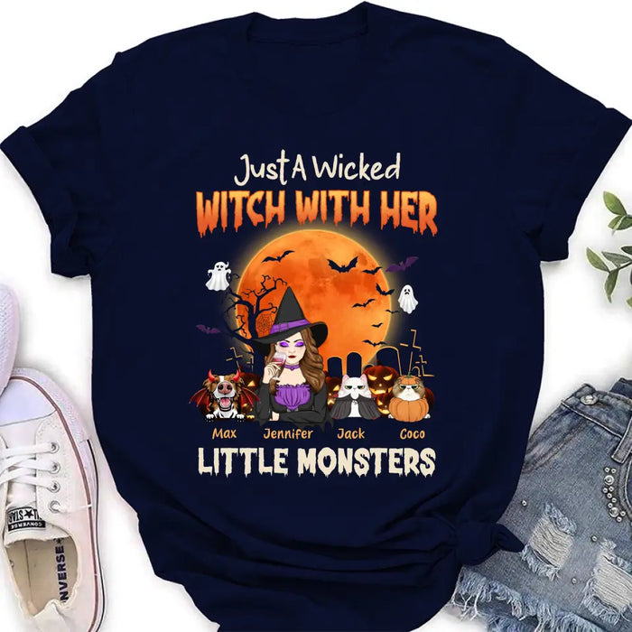 Custom Personalized Witch Pet Mom T-shirt/ Sweatshirt/ Long Sleeve/ Hoodie - Upto 3 Dogs/Cats - Halloween Gift For Cat/Dog Mom - Just A Wicked Witch With Her Little Monsters