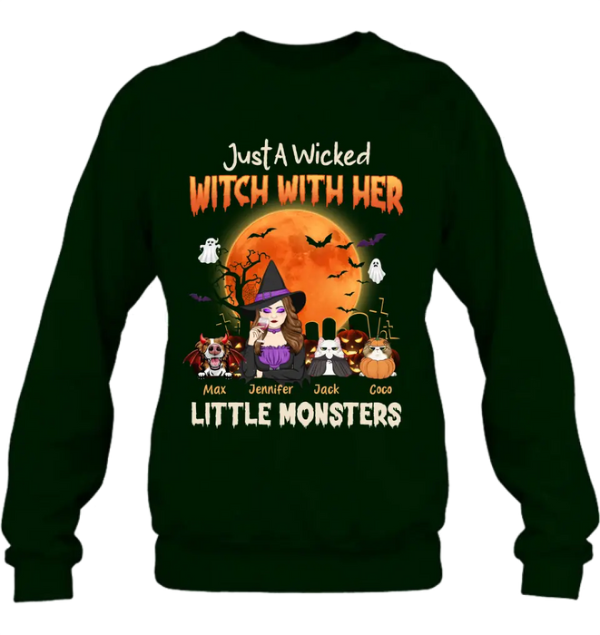 Custom Personalized Witch Pet Mom T-shirt/ Sweatshirt/ Long Sleeve/ Hoodie - Upto 3 Dogs/Cats - Halloween Gift For Cat/Dog Mom - Just A Wicked Witch With Her Little Monsters