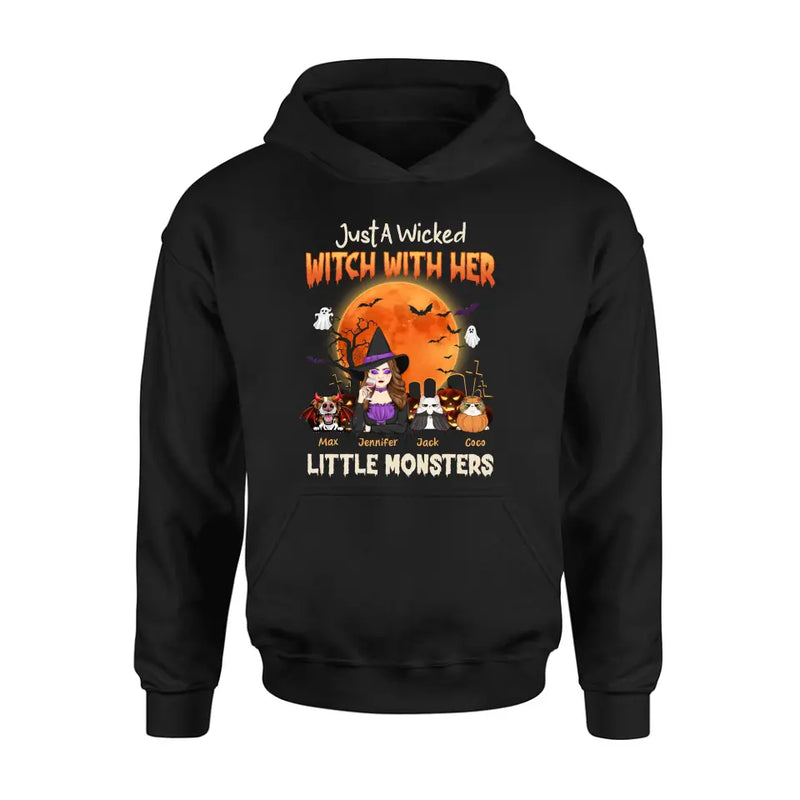 Personalized Witch Pet Mom T-shirt/Sweatshirt/Long Sleeve/Hoodie - Up to 3 Dogs/Cats - Halloween Gift For Cat/Dog Mom - Just A Wicked Witch With Her Little Monsters