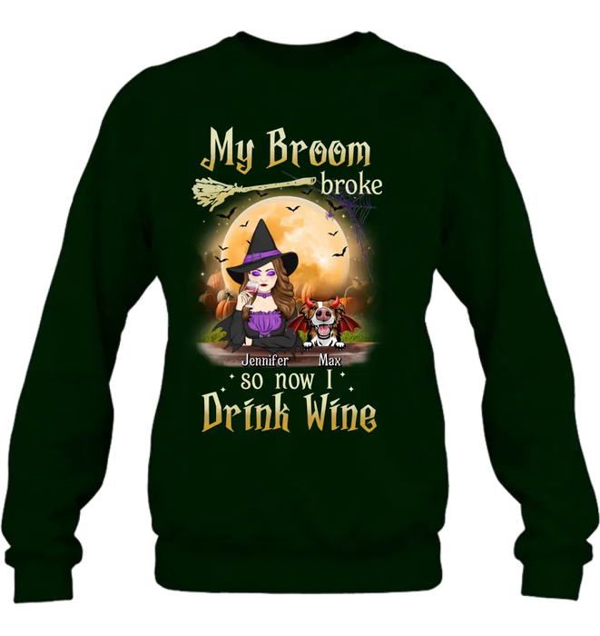 Personalized Witch Pet Mom T-shirt/Hoodie - Upto 3 Pets - Halloween Gift For Cat/Dog Mom - My Broom Broke So Now I Drink Wine