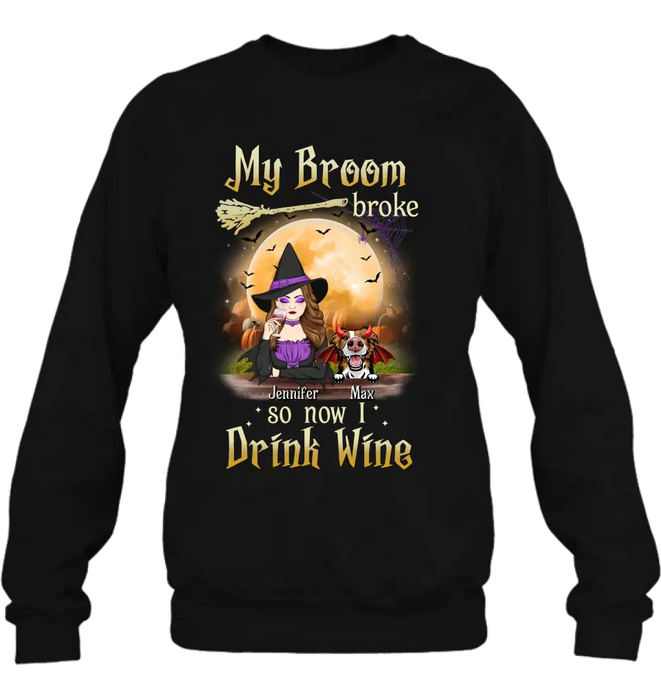 Personalized Witch Pet Mom T-shirt/Hoodie - Upto 3 Pets - Halloween Gift For Cat/Dog Mom - My Broom Broke So Now I Drink Wine