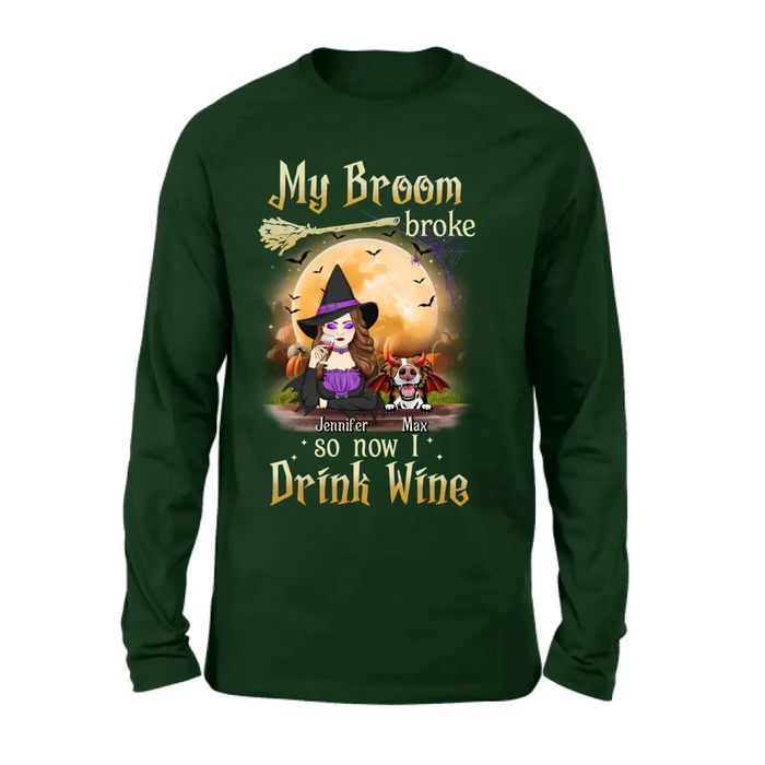 Personalized Witch Pet Mom T-shirt/Hoodie - Upto 3 Pets - Halloween Gift For Cat/Dog Mom - My Broom Broke So Now I Drink Wine