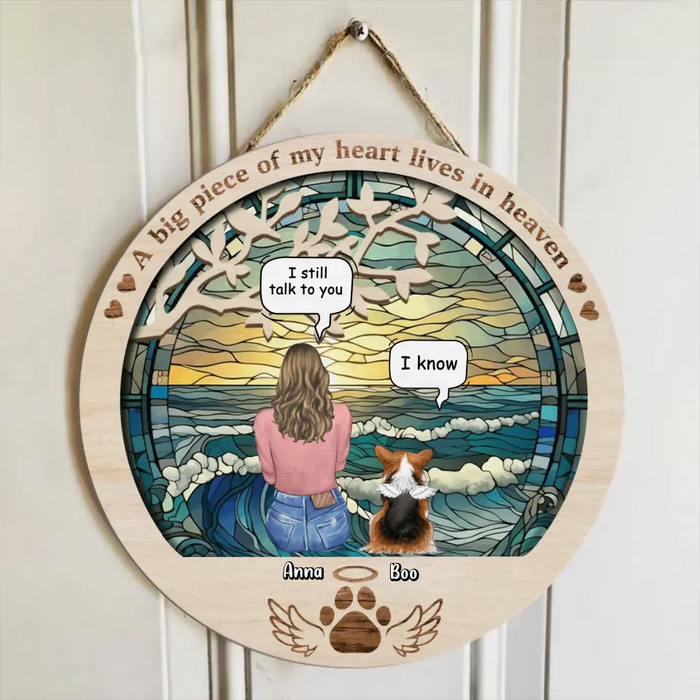 Custom Personalized Memorial Pet Wooden Sign - Memorial Gift For Dog/Cat/Rabbit Owner - Upto 6 Pets - A Big Piece Of My Heart Lives In Heaven