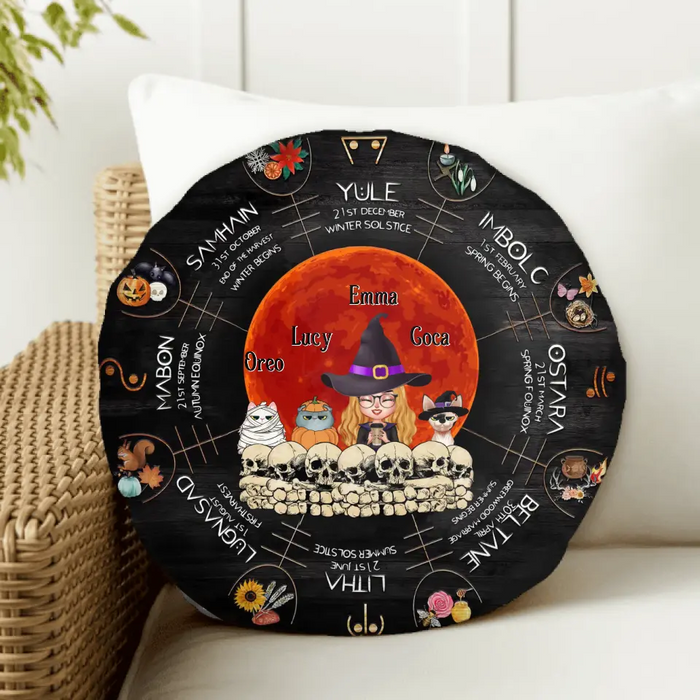 Personalized Witch Mom Round Pillow - Best Gift Idea For Halloween/Mom/Pet Lovers - Upto 3 Pets - Winter Solstice