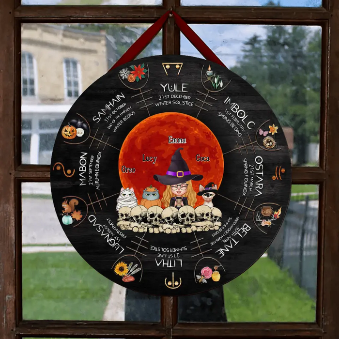 Custom Personalized Witch Mom Circle Door Sign - Best Gift Idea For Halloween/Mom/Pet Lovers - Upto 3 Pets - Winter Solstice