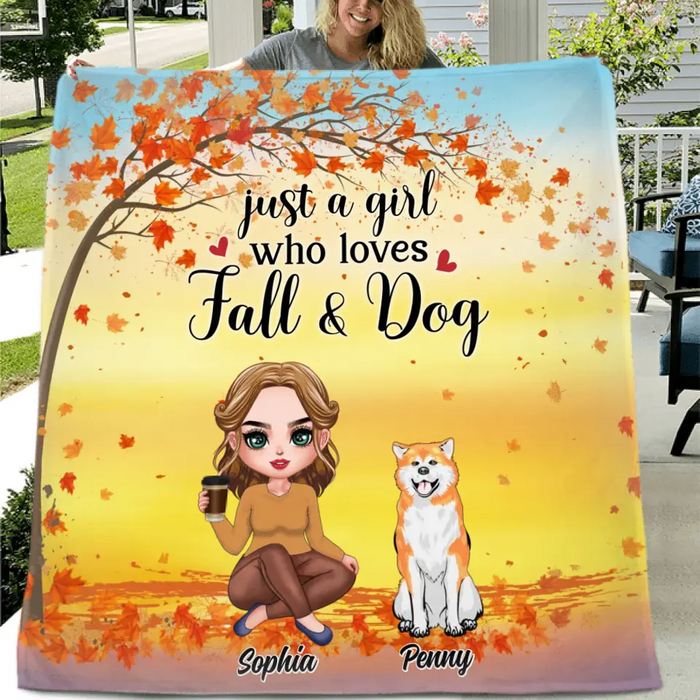 Custom Personalized Dog Mom Single Layer Fleece/Quilt Blanket - Upto 4 Dogs - Gift Idea for Dog Lovers/ Autumn Gift - Just A Girl Who Loves Fall & Dogs